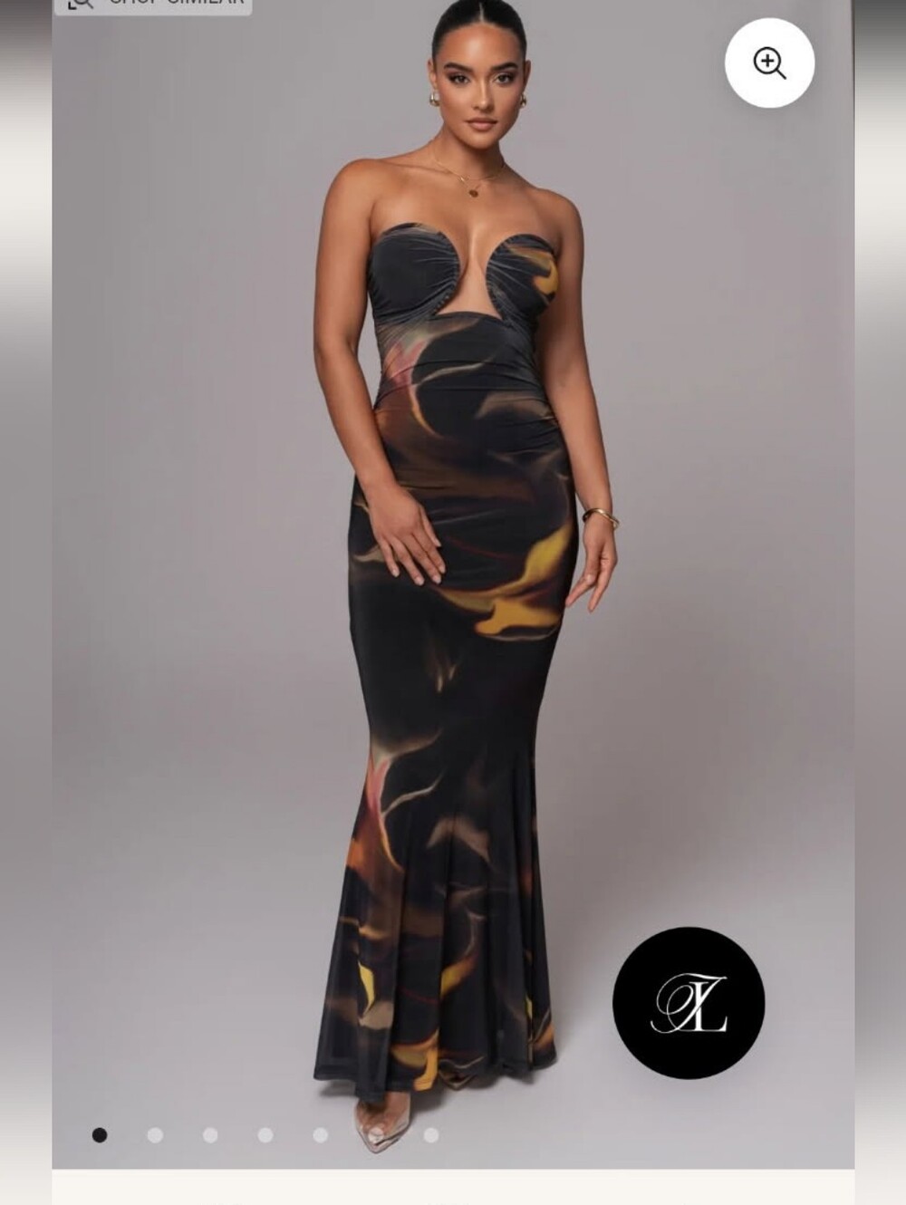 JLUXLABEL Strapless Black Dress with Amber Swirl Print